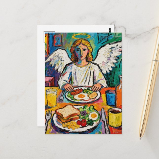 Angel at Breakfast Postkarte (Vorderseite/Rückseite Beispiel)