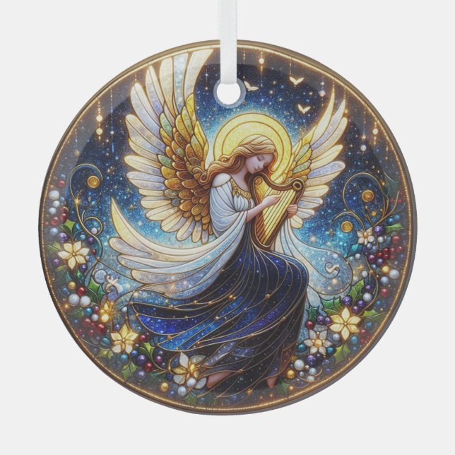 Angel aus Hartglas mit Harfe Ornament Aus Glas (Vorderseite)