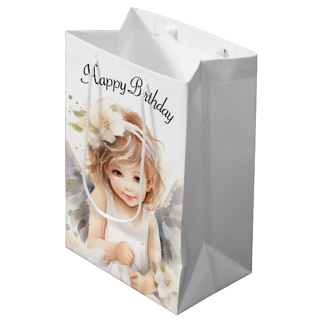 Angel Birthday Girl Mittlere Geschenktüte (Vorderseite Schrägansicht)