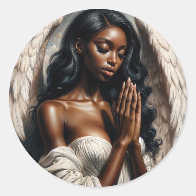 Angel Black Woman Praying Painting Runder Aufkleber (Vorderseite)