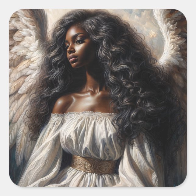 Angel Black Woman With Long Hair Quadratischer Aufkleber (Vorderseite)