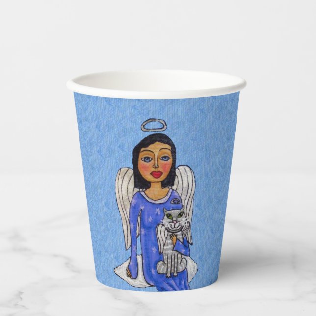 Angel Blue Dress Holding White Angel Cat on Cloud Pappbecher