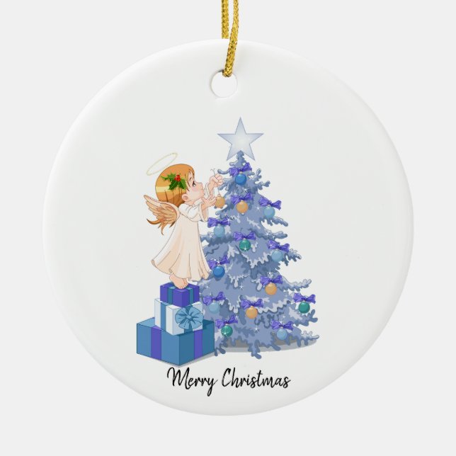 Angel Blue & Lila Weihnachtsbaum Keramik Ornament (Vorne)