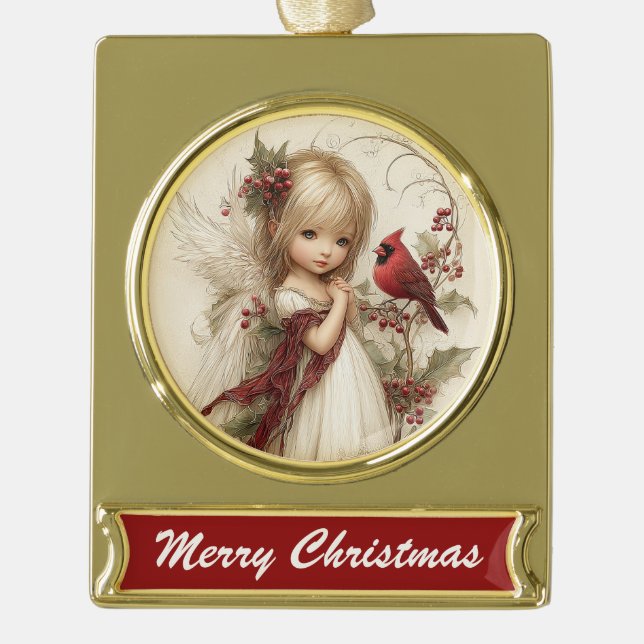Angel & Cardinal – Holiday Blessings Banner Design Banner-Ornament Gold (Vorderseite)