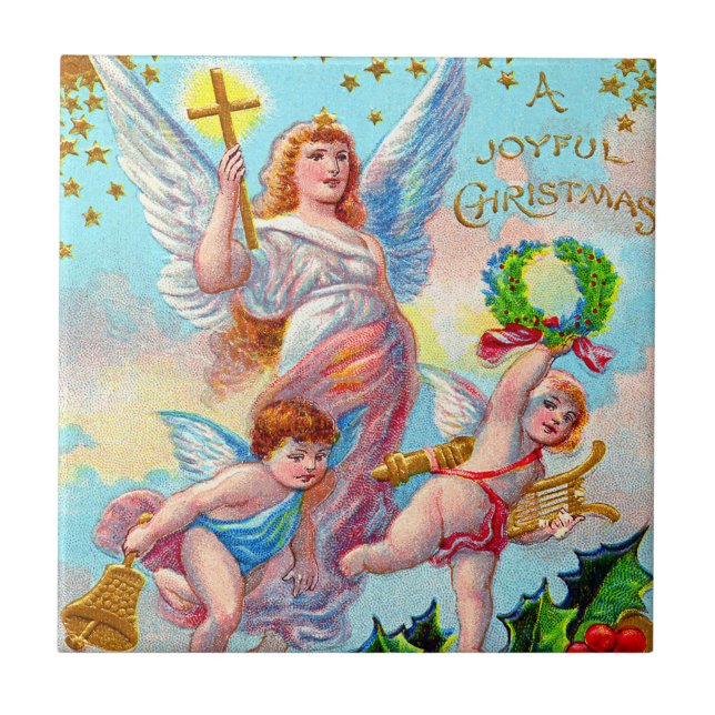 Angel Cherub Christlich Cross Bell Wreath Holly Fliese (Vorderseite)