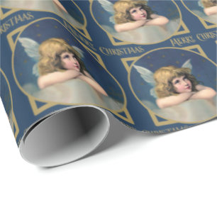 Angel Cherub Frohe Weihnachten Blauer Gold Geschenkpapier