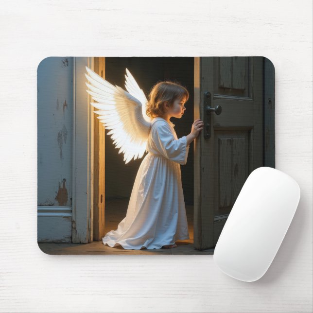 Angel Child pinkelt um eine alte Tür herum Mousepad (Mit Mouse)