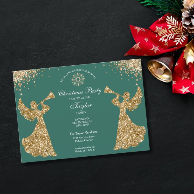 Angel Christmas Tree Family Dinner Party Einladung (religious family christmas party invitation with green background and gold trumpet angels)