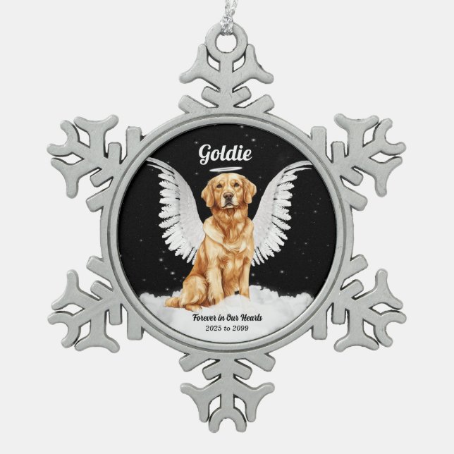Angel Dog Golden Retriever Memorial Schneeflocken Zinn-Ornament (Vorderseite)