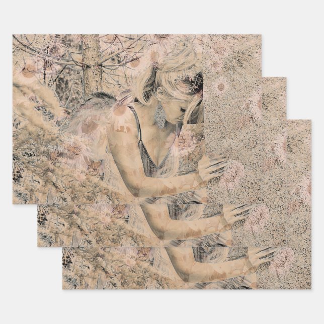 Angel Elegant Boho Antique Sepia Floral Geschenkpapier Set (Set)