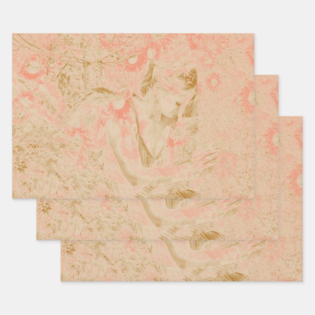 Angel Elegant Heavenly Sepia Pink Floral Antique Geschenkpapier Set (Set)