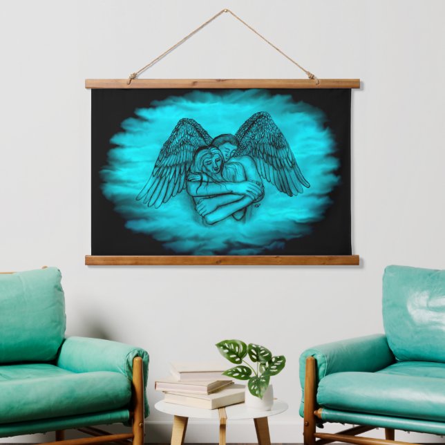 Angel Eros in Liebe , Schwarz und Grün Wandteppich Mit Holzrahmen (Wohnzimmer)