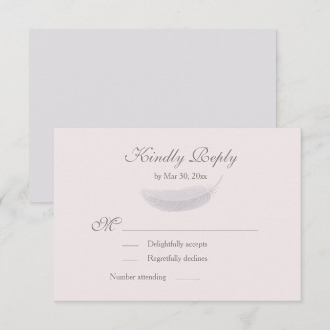 Angel Feather Blush Pink Gray Wedding RSVP Einladung (Vorne/Hinten)