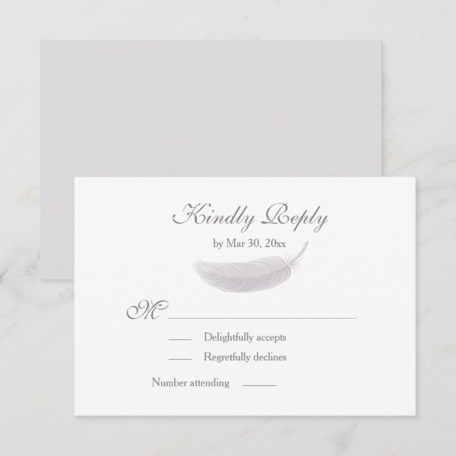 Angel Feather Lilac White Gray Wedding RSVP Einladung (Vorne/Hinten)