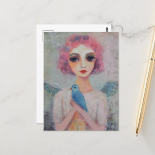 Angel Frau mit rosa Haar und blauem Vogel Postkarte