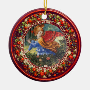Angel Gathering Flowers Red Floral Crown Christmas Keramikornament