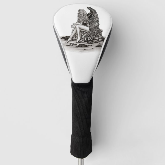Angel , gedankenverloren , schwarz-weiß Design Golf Headcover (Vorderseite)