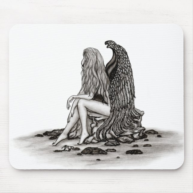 Angel , gedankenverloren , schwarz-weiß Design Mousepad (Vorne)