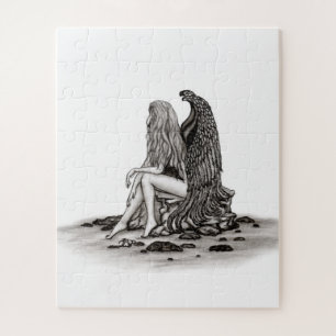 Angel , gedankenverloren , schwarz-weiß Design Puzzle