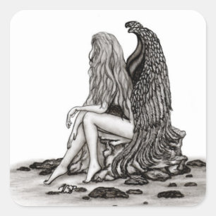 Angel , gedankenverloren , schwarz-weiß Design Quadratischer Aufkleber
