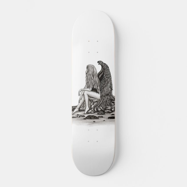 Angel , gedankenverloren , schwarz-weiß Design Skateboard (Vorderseite)