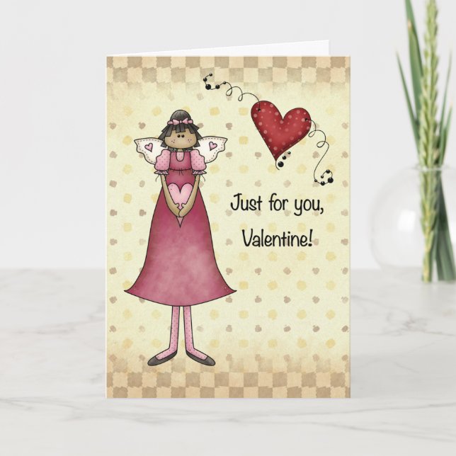 Angel Girl mit Herz Country Folk Valentine Karte (Vorderseite)
