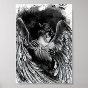 Angel Girl Poster - Schwarz-Weiß-Malerei