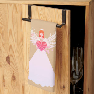 Angel Heart Stars Wings Halo Pink Beige Geschirrtuch