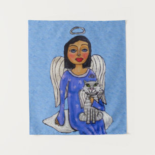 Angel Holding Cat auf Cloud Silver Halos Light Blu Wandteppich