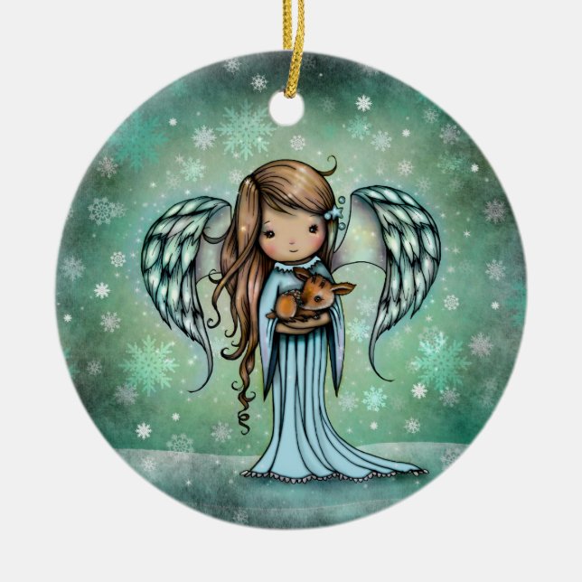 Angel Holding Fawn Illustriert Art Keramik Ornament (Vorne)