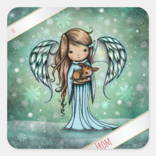 Angel Holding Fawn Illustriert Art Quadratischer Aufkleber