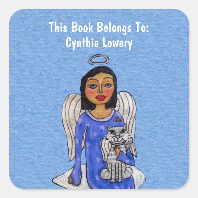 Angel Holding White Cat Angel Blue Dress Cloud Quadratischer Aufkleber (Vorderseite)