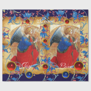 ANGEL IN ROT, GOLD, BLUE FLORAL PARCHMENT MIT GEMS GESCHENKPAPIER
