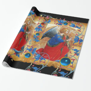 ANGEL IN ROT, GOLD, BLUE FLORAL PARCHMENT UND GEMS GESCHENKPAPIER