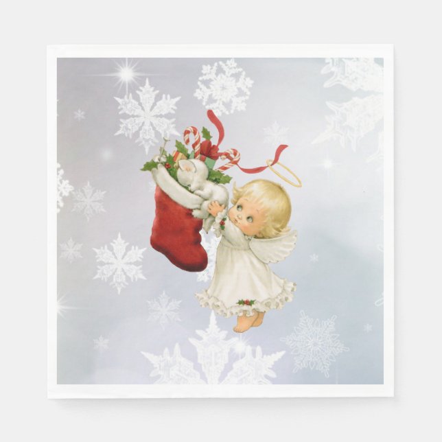 Angel & Kitty Cat Weihnachtspapier Niedlich Serviette (Vorderseite)