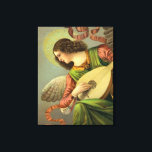 Angel-Malerei mit Mandolin Leinwanddruck<br><div class="desc">Vintages Engelgemälde mit braunen, lockigen Haaren, Flügeln, Halo, glänzend rosa Schleife, hübsches rosa Shirt, schönes grünes Kleid mit Goldkragen, schöne, anmutige Hände, die eine Mandoline auf ihrem Schoß schlagen, und sie scheint oben stehend zu sein und unter ihr zu schauen. Detailliertes, zartes und ruhiges Bild in sanften Grüntönen und pinken....</div>