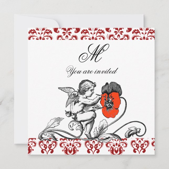 ANGEL MALERIEREN EIN ROTES BLUME-DAMASK-MONOGRAM EINLADUNG (Vorderseite)