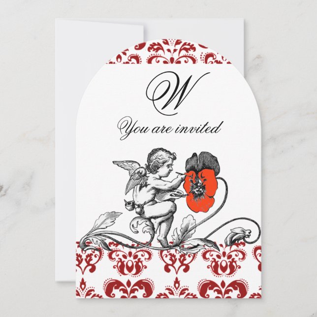 ANGEL MALERIEREN EIN ROTES BLUME-DAMASK-MONOGRAM EINLADUNG (Vorderseite)