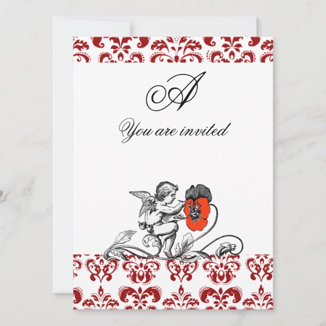 ANGEL MALERIEREN EIN ROTES BLUME-DAMASK-MONOGRAM EINLADUNG (Vorderseite)