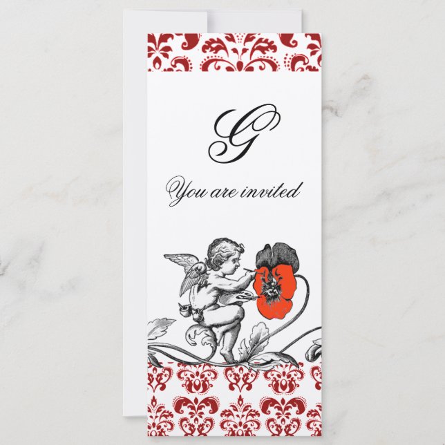 ANGEL MALERIEREN EINE ROTE BLUME DAMASK MONOGRAMM  EINLADUNG (Vorderseite)