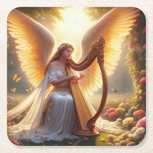 Angel Mit Blume und Schmetterlingen eine Harfe spi Rechteckiger Pappuntersetzer (Vorderseite)