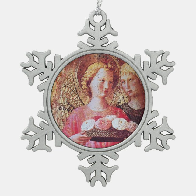 ANGEL MIT ROSE SCHNEEFLOCKEN Zinn-Ornament (Vorderseite)