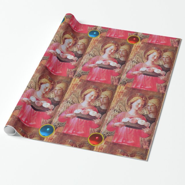 ANGEL MIT ROSE UND ROTEN BLAUEN GEMSTONS GESCHENKPAPIER (Ungerollt)