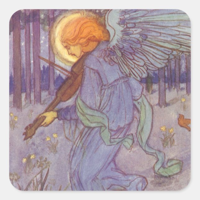 Angel Musician Violine spielen, Vintage Musik Quadratischer Aufkleber (Vorderseite)