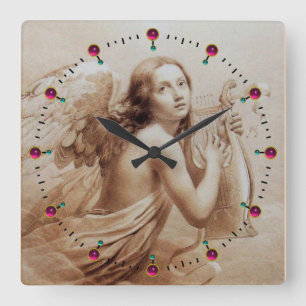 ANGEL PLAYING LYRA OVER THE CLOUDS Sepia Brown Quadratische Wanduhr