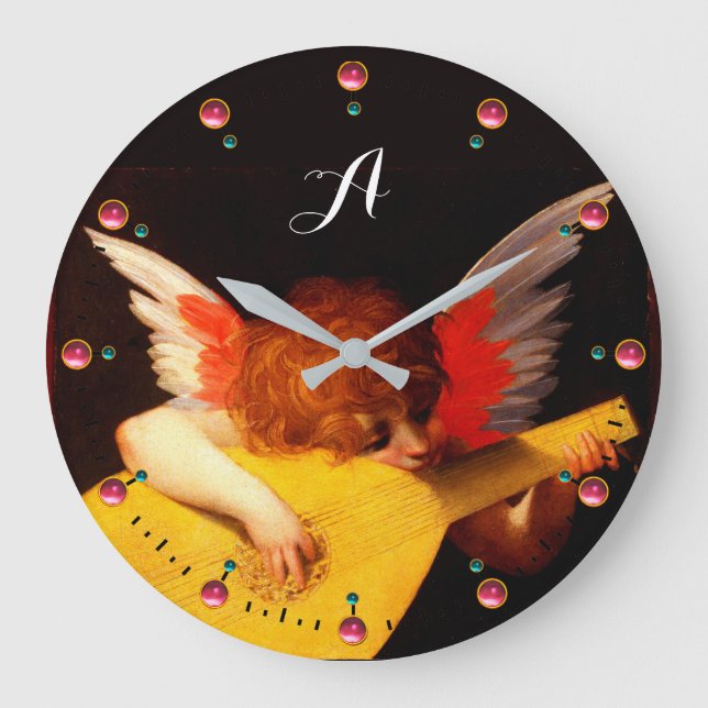 ANGEL PLAYY LUTE Music Making Cherub Monogram Große Wanduhr (Vorderseite)
