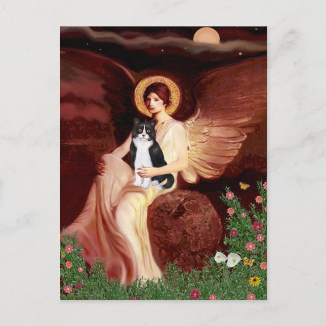 Angel sitzend - Schwarze und Weiße Katze Postkarte (Vorderseite)