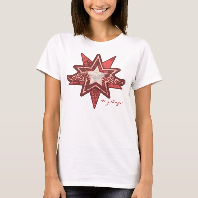 Angel Star fügen Sie Ihr Foto Damen rot & weiß T-Shirt (Vorderseite)