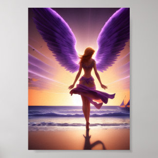 Angel stehend am Strand, lila leuchtende Flügel Poster