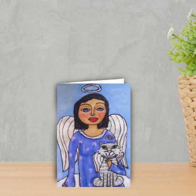 Angel und Katzen-Urlaubskarte Feiertagskarte (Angle blue eyes on cloud holding white angel cat on blue Merry christmas greeting card.)